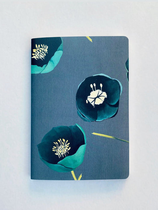 Notebook Set:  Green Winter Rose & White Poppies on Emerald