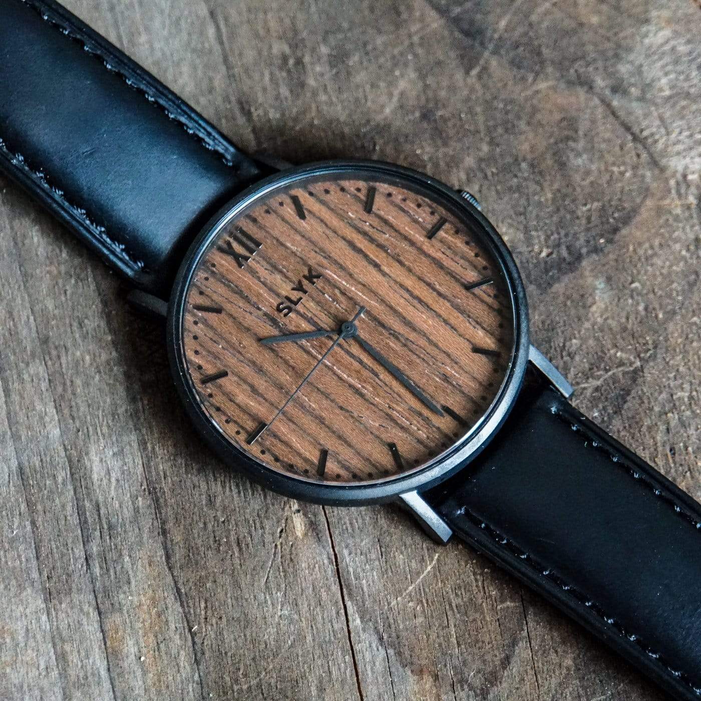 Dark Wood Watch - Black Leather