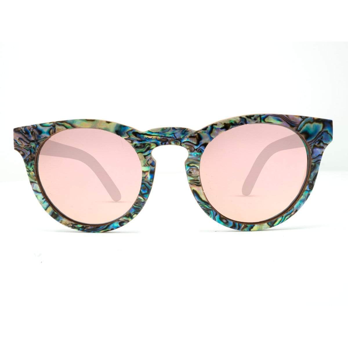  Mermaid Wooden Sunglasses With Abalone Seashell and Rose Lenses From SLYK - Front Angle